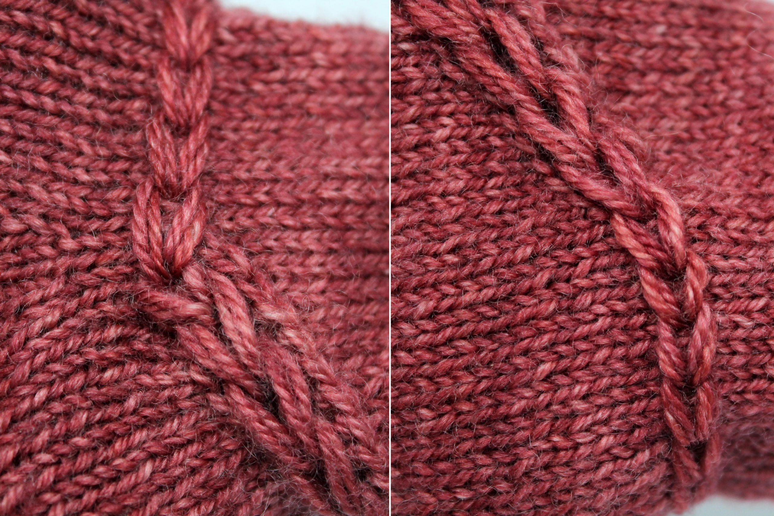 Close ups of the finished chain stitch showing how it joins to the dropped stitch braid at each end