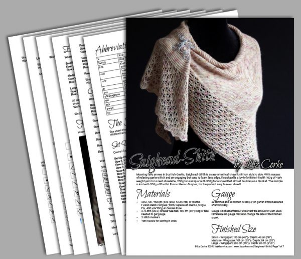 A spread showing the pages included in the pdf knitting pattern for Saighead-Shìth